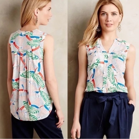 Anthropologie Maeve Women Sunseeker Umbrella Print Top Sleeveless Blouse Tank - Picture 1 of 12